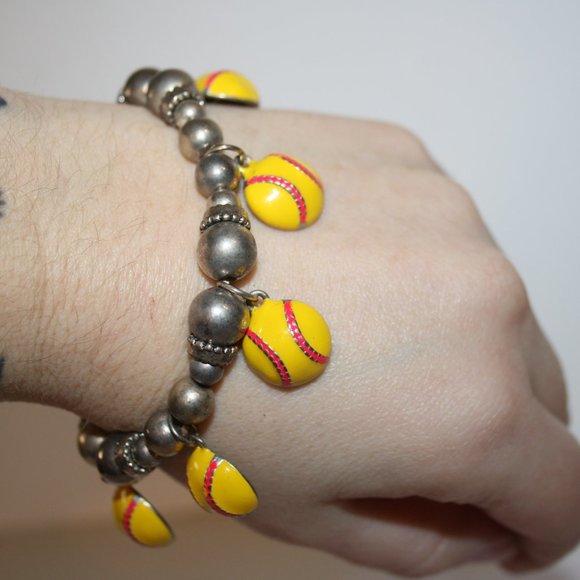 Silver beaded softball charm bracelet 7" - Picture 2 of 4